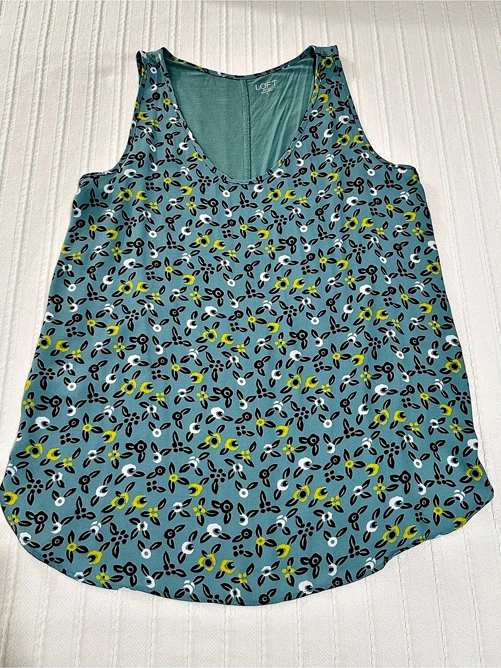 LOFT Floral Tank Top in Teal Blue with Yellow Purple White Flowers